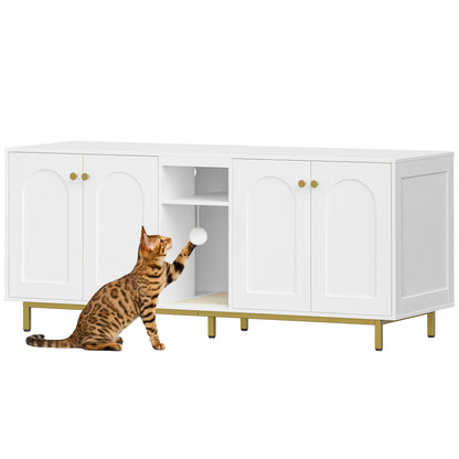 Kattenbakkast – Kattenkast – Kattenbak Meubel – Kattenhuis – Kattenbak Ombouw – Voor 2 Katten – Verborgen Kattenbak Met Opbergruimte – Wit Met Gouden Accenten – 140x48x62 cm – Inclusief Pluche Speelballen
