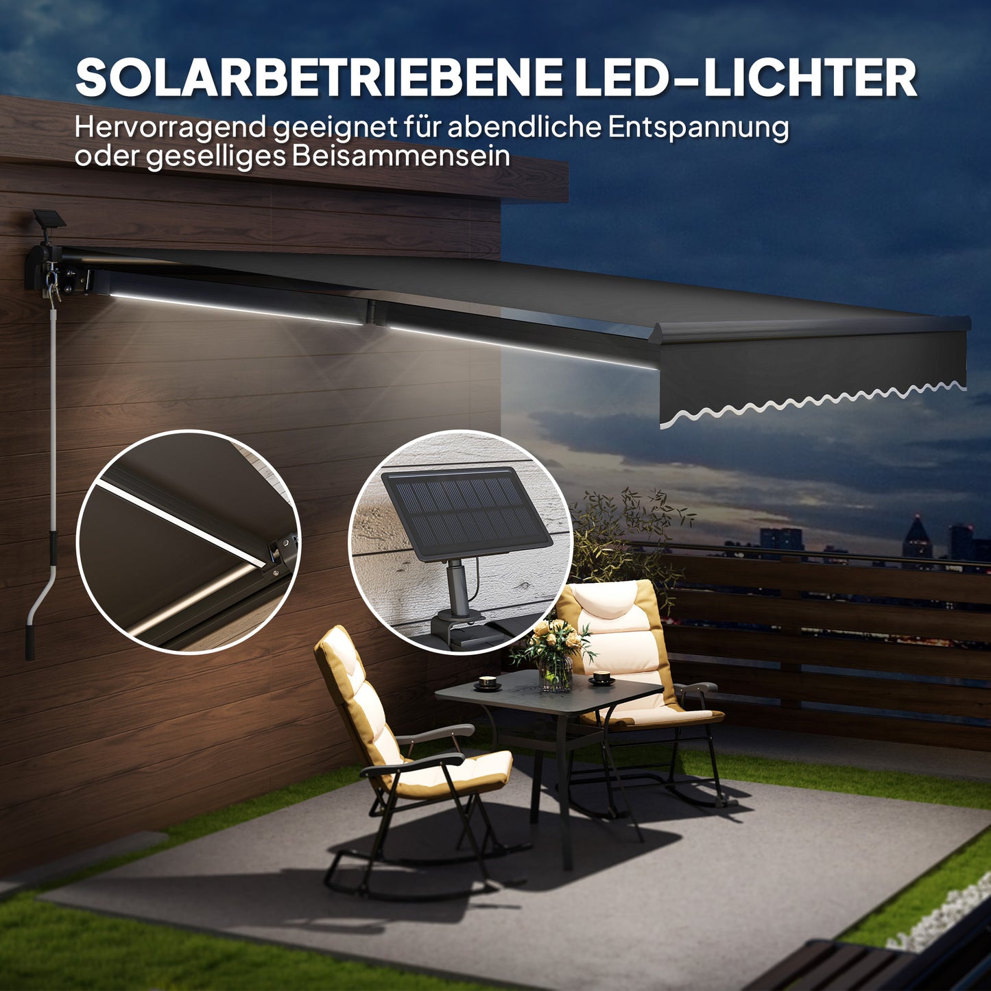 Zonnekap – Zonnescherm – Zonwering – Luifel – Knikarmzonnescherm – Grijs – UPF 50+ UV-Bescherming – Solar LED-Verlichting – 400 cm Breed