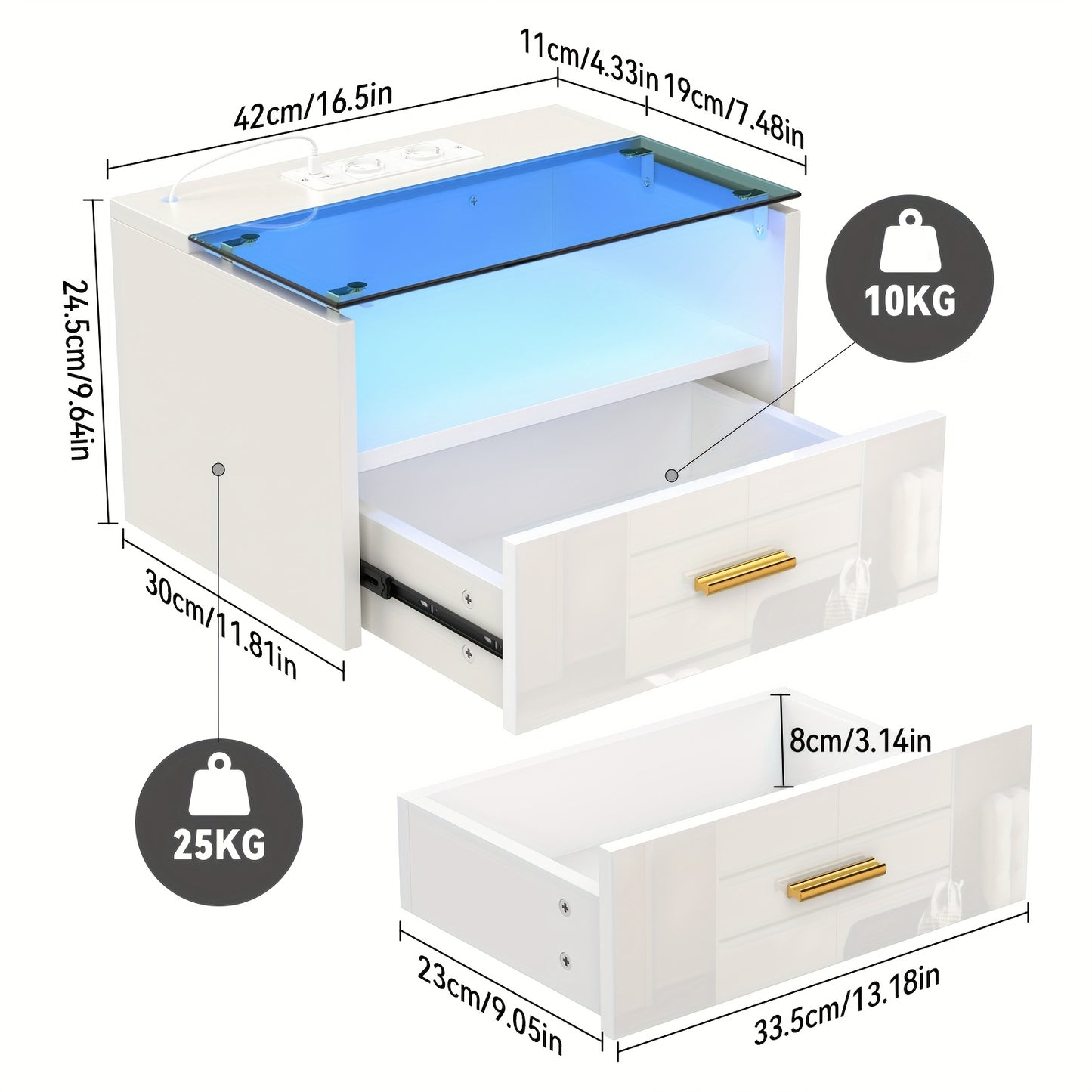 Set van 2 Wandmontage Nachtkastjes – Met Lade, 42x30x24,5 cm – Wit