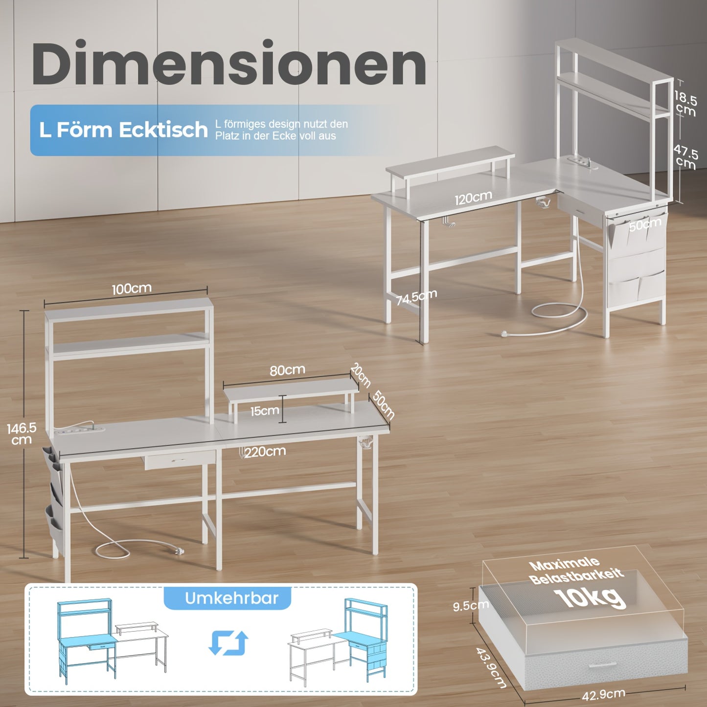 Ergonomisch Hoekbureau – L-vormig Bureau – Gaming Bureau – Computerbureau – Bureau Met LED-verlichting – Verstelbare Monitorstandaard – Hoekbureau 150x100 cm Grijs
