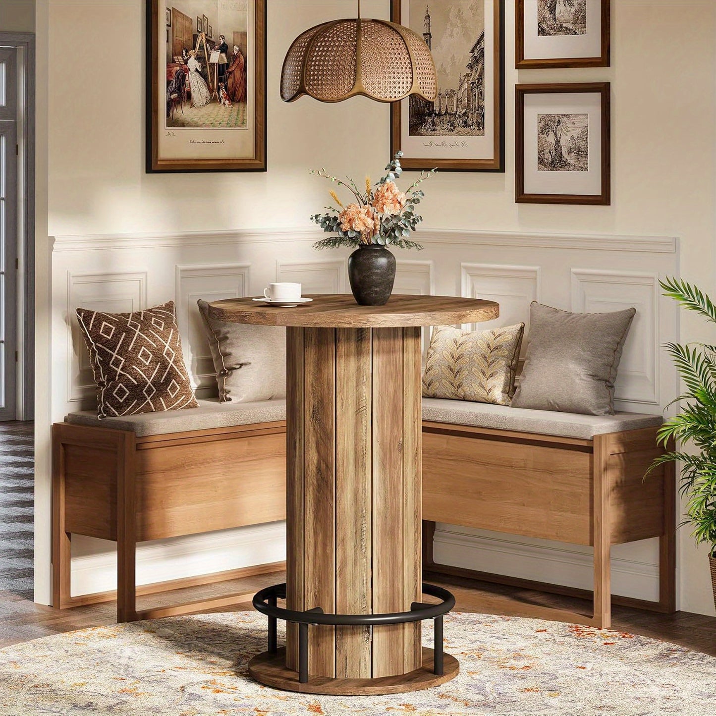 Ronde Eettafel – Eetkamer Tafel – Keukentafel – Bistrotafel – Eettafel Rond – 100 cm Diameter – Robuust Geperst Hout Met Voetensteun