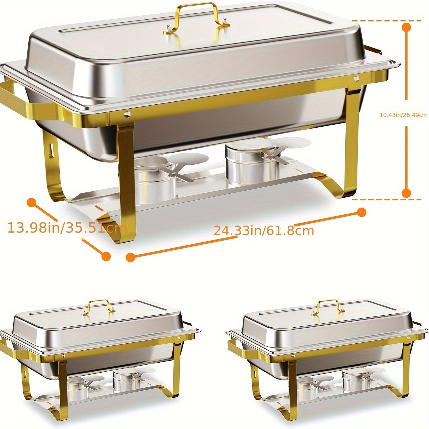 Chafing Dish Set – Warmhouder – Buffetpan – Warmtray – Warmhoudplaat – Roestvrijstaal 201 – 4-delige Set – Gouden Rolranden – 9QT Capaciteit