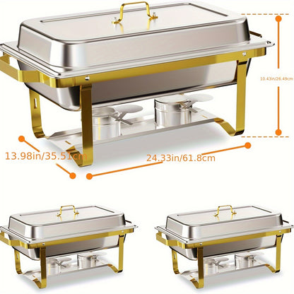 Chafing Dish Set – Warmhouder – Buffetpan – Warmtray – Warmhoudplaat – Roestvrijstaal 201 – 4-delige Set – Gouden Rolranden – 9QT Capaciteit