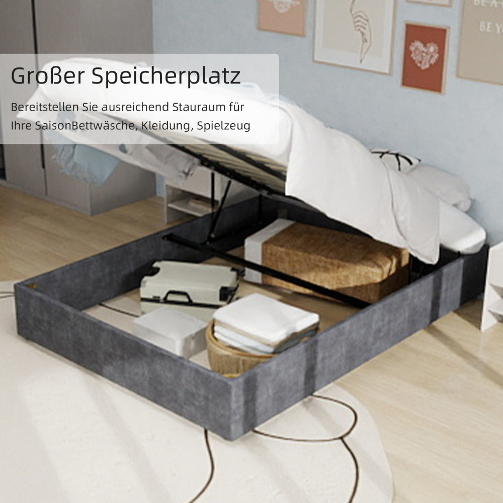 Bed – Bedframe – Ledikant – Slaapbank – Slaapbed – Beige Fluweel – Gasveer Opbergruimte – Laag Platform 160x200 cm