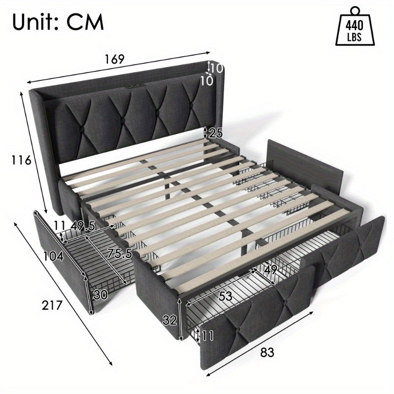 Tweepersoonsbed – Bedframe – Boxspring – Stapelbed – Slaapbank – 160x200 cm – Met Opberglades en Hoofdbord – Montageklaar en Duurzaam Niet-Houten Materiaal