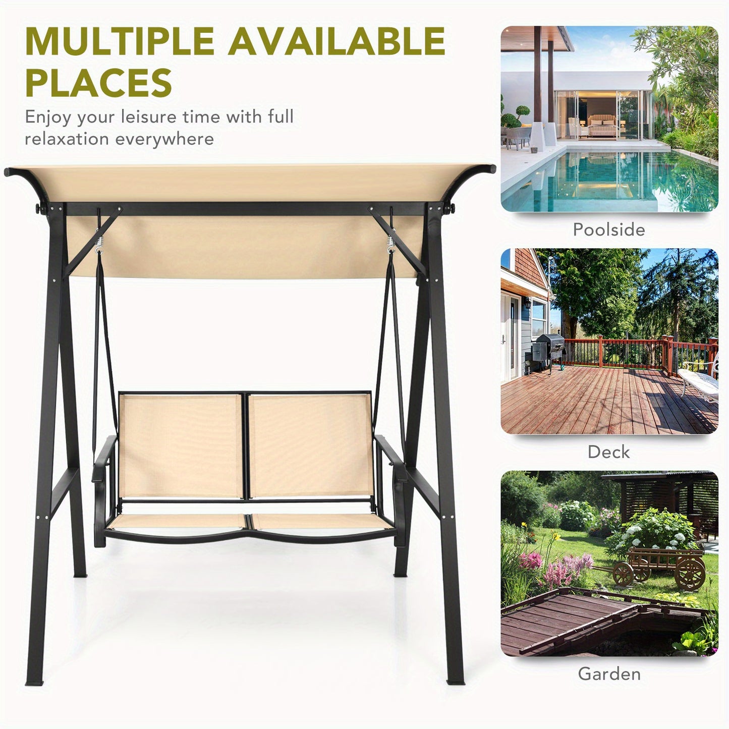 Schommelbank – Tuinschommel – Buitenschommel – Hangbank – Zitschommel – 2-Persoons Beige – Gepoedercoat Stalen Frame – Verstelbare Zonneluifel