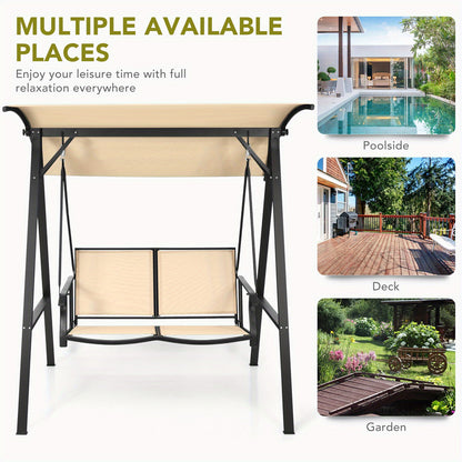 Schommelbank – Tuinschommel – Buitenschommel – Hangbank – Zitschommel – 2-Persoons Beige – Gepoedercoat Stalen Frame – Verstelbare Zonneluifel