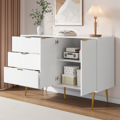 Dressoir – Buffetkast – Opbergkast – Ladekast – Woonkamerkast – Wit Met Gouden Accenten – Massief Hout – Met Deuren En Laden