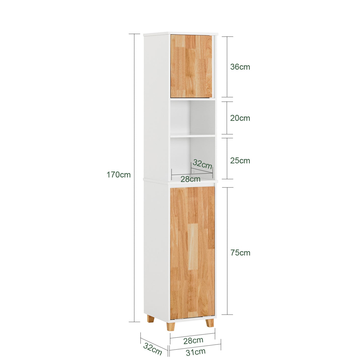 badkamerkast – kolomkast – opbergkast – hoge kast – wastafelonderkast – smal design – vochtbestendig MDF – inklapbare wasmand met uitneembare tas – 31x170x32 cm – wit/naturel