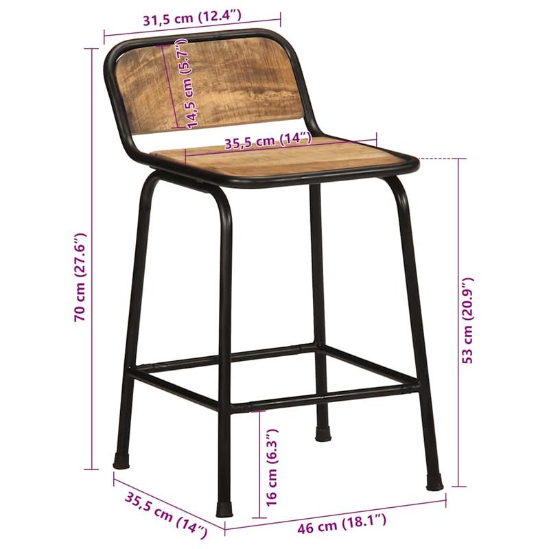 Bar stool 2pcs 46x35.5x70cm rough mango solid wood, Bar Seating, Kitchen Stools, Minimalist Stools, Modern Bar Stools, Hardwood Construction, Durable Stools