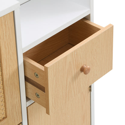 Schoenenkast – Schoenenrek – Schoenenbank – Schoenenopberger – Halmeubel – Hout met Rotan – Compact Formaat 90x125x17 cm – 3 Kantelbare Deuren + Lade