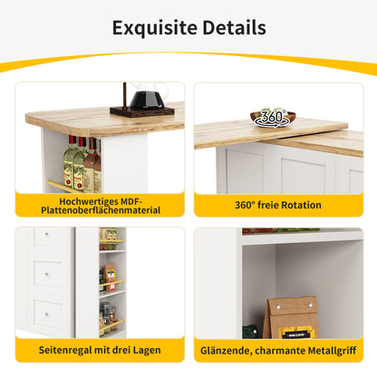 Dressoir – Sideboard – Opbergkast – Ladekast – Draaibaar 360° – Uittrekbare Lengte 135-203 cm – Met Wieltjes en Lade
