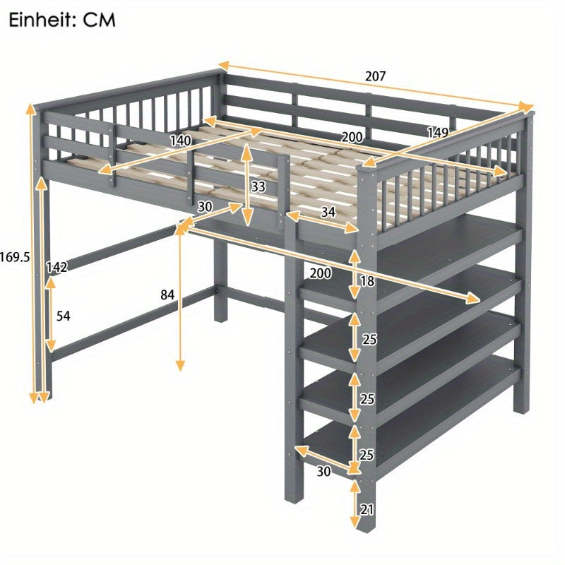 Hoogslaper – Stapelbed – Bed met Opbergruimte – Bedbank – Studentenkamerbed – 140x200 cm – Met Bureau en Metalen Frame – Grijs