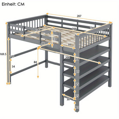 Hoogslaper – Stapelbed – Bed met Opbergruimte – Bedbank – Studentenkamerbed – 140x200 cm – Met Bureau en Metalen Frame – Grijs