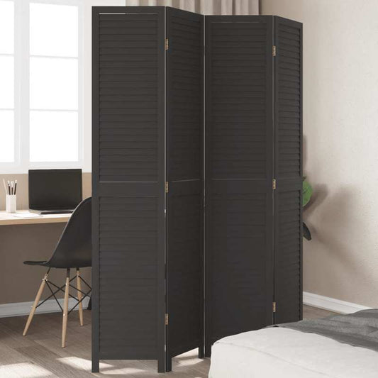 Room Divider with 4 Panels Made of Solid Black Paulownia Wood