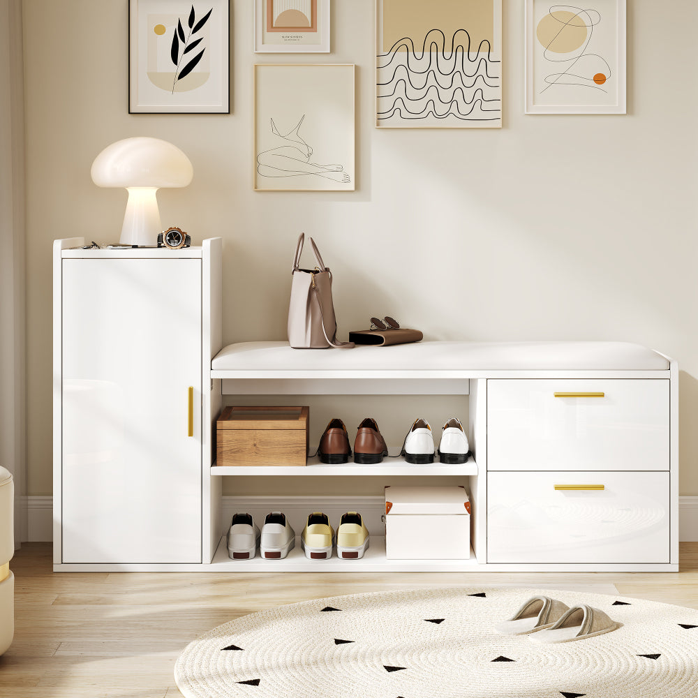 Modern White High-Gloss All-in-One Shoe Cabinet with Bench, Shoe Rack, 2 Drawers & Cupboard - Soft-Padded, -Standing Entryway Storage Furniture Suitable for, Hallway, Office - Space-Saving Organization, Easy Assembly