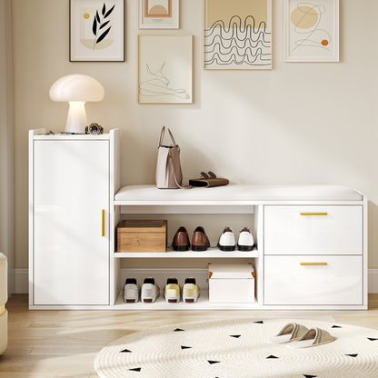 Modern White High-Gloss All-in-One Shoe Cabinet with Bench, Shoe Rack, 2 Drawers & Cupboard - Soft-Padded, -Standing Entryway Storage Furniture Suitable for, Hallway, Office - Space-Saving Organization, Easy Assembly