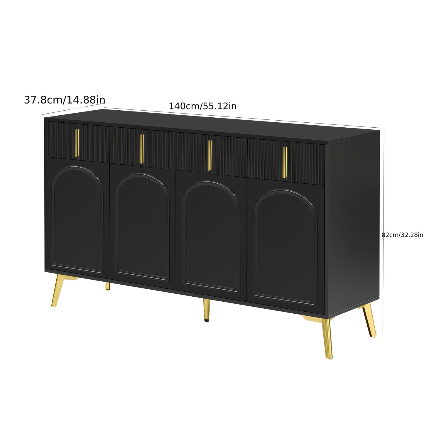 Dressoir – Opbergkast – Ladekast – Commode – TV-meubel – Mat Zwart Met Gouden Accenten – 4 Deuren En 4 Laden – Hardhout Met Afneembaar Laminaat – 140 cm Breed