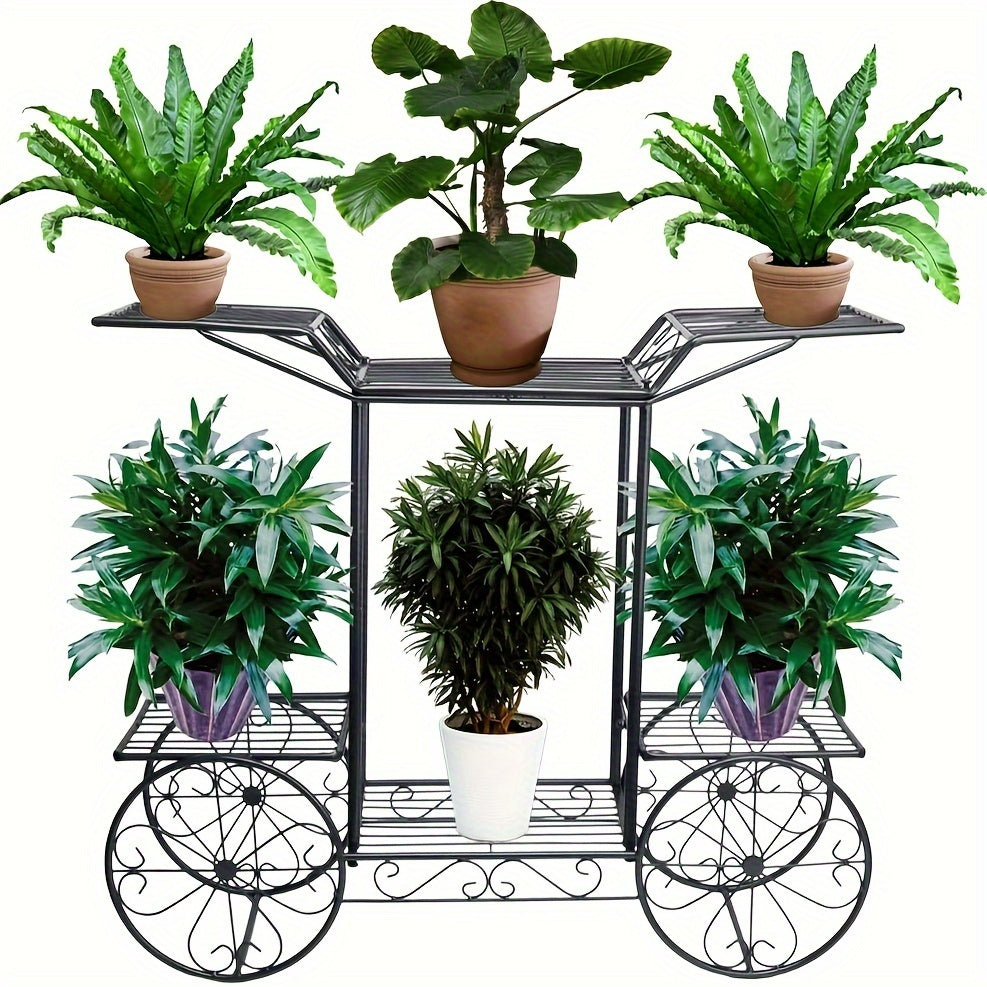 Pflanzenregal Metall – Blumenregal Balkon – Blumenständer Innen – Pflanzenhalter Wohnzimmer – Pflanzenwagen Mit 6 Ablagen – Robustes Metall – Leicht Rollbar Schwarz