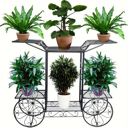 Pflanzenregal Metall – Blumenregal Balkon – Blumenständer Innen – Pflanzenhalter Wohnzimmer – Pflanzenwagen Mit 6 Ablagen – Robustes Metall – Leicht Rollbar Schwarz