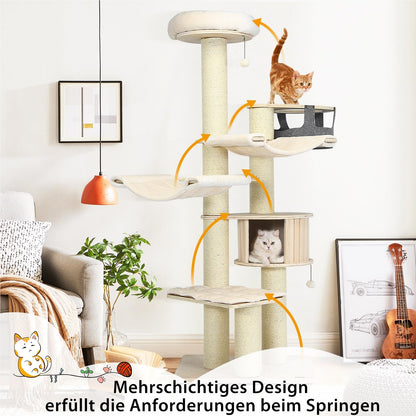 Krabpaal – Kattenkrabpaal – Kattenboom – Kattenhuis – Krabmeubel – 7 Niveaus – 197 cm Hoog – Inclusief Hangmat, Grot en Speelballen – Beige – Massief Hout & Sisal Bekleding