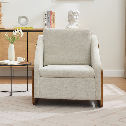 Fauteuil – Lounge Stoel – Leunstoel – Relax Stoel – Beige Chenille – Met Houten Armleuningen – Inclusief Zitkussen – Compact 73,5x73,5x73,5 cm
