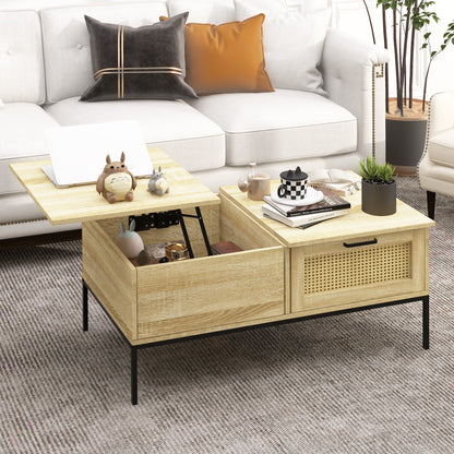 Salontafel – Koffietafel – Woonkamertafel – Bijzettafel – Tafelblad Met Verhoger – 2 Grote Lades – Stalen Poten – 106 x 56,3 x 48 cm – Natuurlijke Houtlook