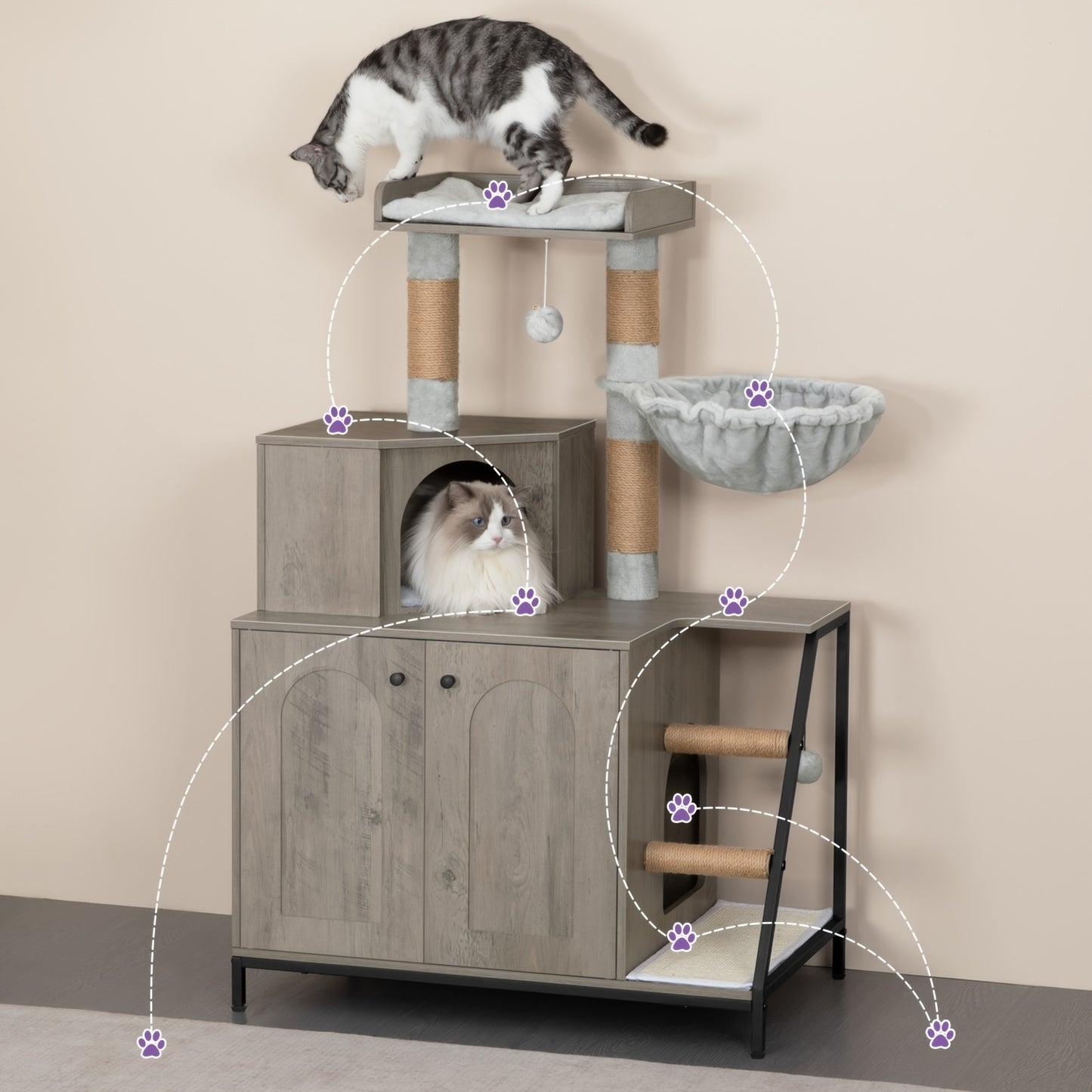 Kat Tree – Krabpaal – Katmeubel – Kat Huis – Katten Krabmeubel – 4-in-1 Multi-Level Design – Wasbare Kussens & Sisal Krabmat – Greige – Geschikt Voor Grote Binnenkatten