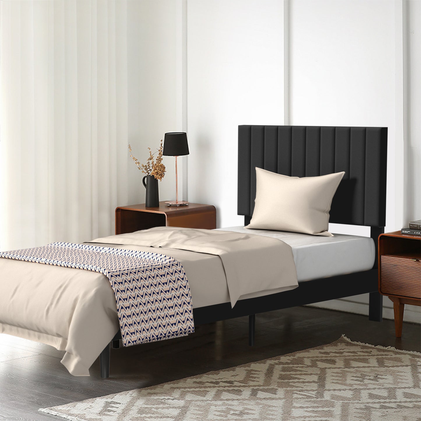 Hoofdbord Slaapkamer – Bedpaneel Wandbekleding – Bedwand Stijlvol – Bed Frame Design – Zwart 160x200 cm – Lichtgewicht Stoffen Bekleding – Metaalframe Max 300kg Belastbaar