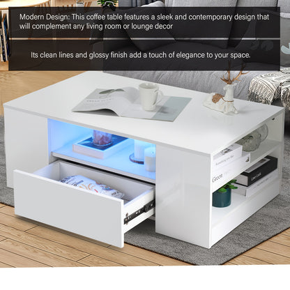 Salontafel – Koffietafel – Bijzettafel – Woonkamertafel – Tafel – Wit – Blauwe LED-verlichting – UV-hoogglans MDF met 2 lades