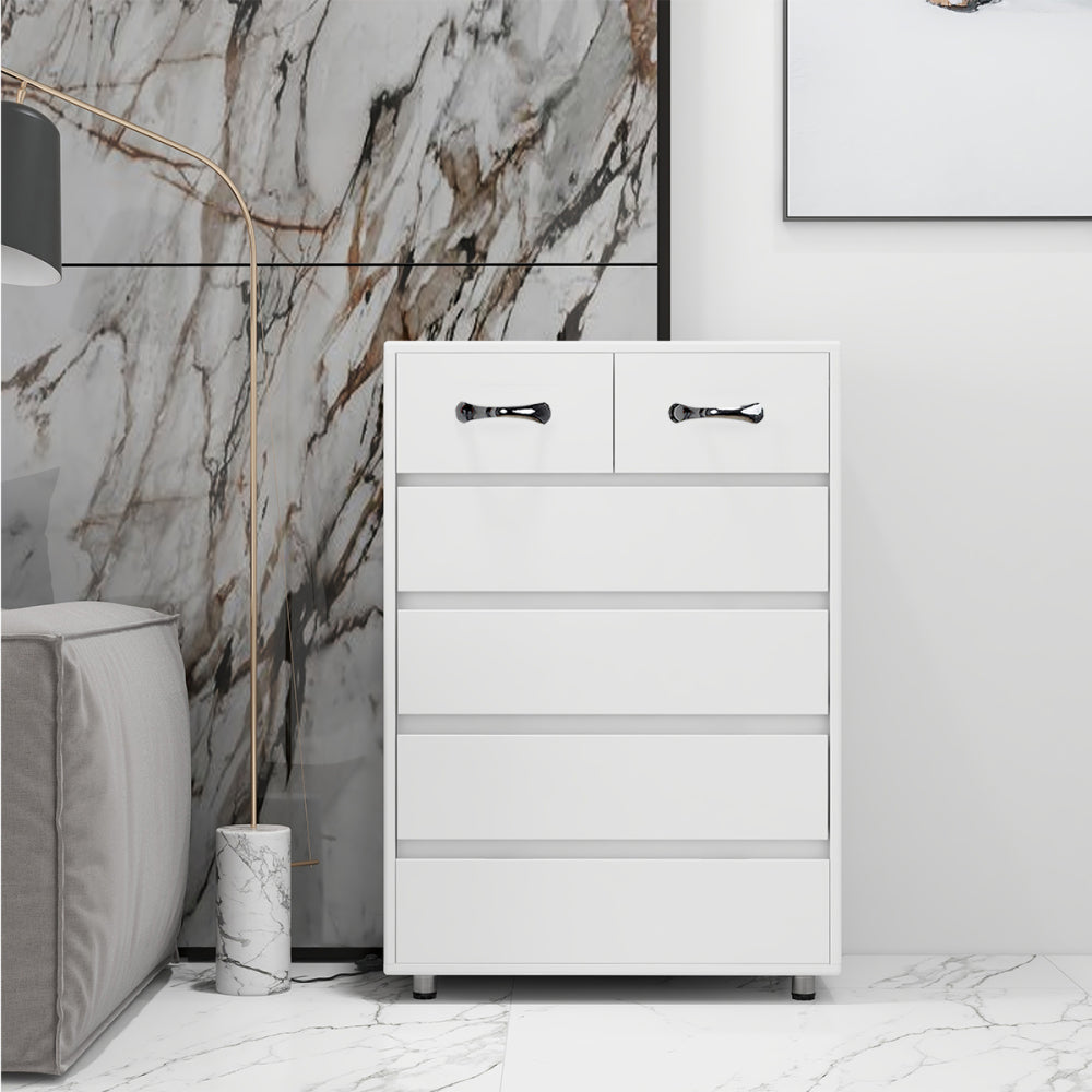 6-Drawer White Modern Minimalist Side Table with Black-Tipped Latches - Heavy-Duty Non-Wood, Easy Assembly, Compact Multi-Drawer Organizer for Bedroom,, Office - Durable White Furniture