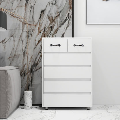 6-Drawer White Modern Minimalist Side Table with Black-Tipped Latches - Heavy-Duty Non-Wood, Easy Assembly, Compact Multi-Drawer Organizer for Bedroom,, Office - Durable White Furniture