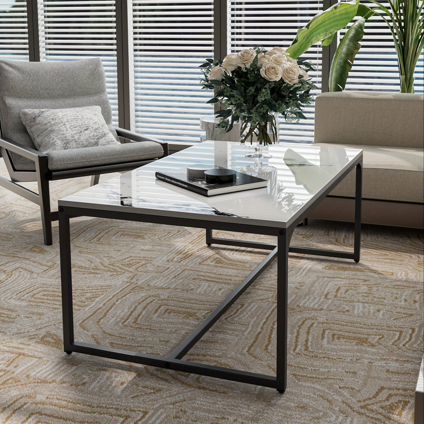 Salontafel – Koffietafel – Woonkamertafel – Bijzettafel – Tafeltje – Wit Sintersteen Blad – Kras- en Hittebestendig – Roestvrij Aluminium Frame