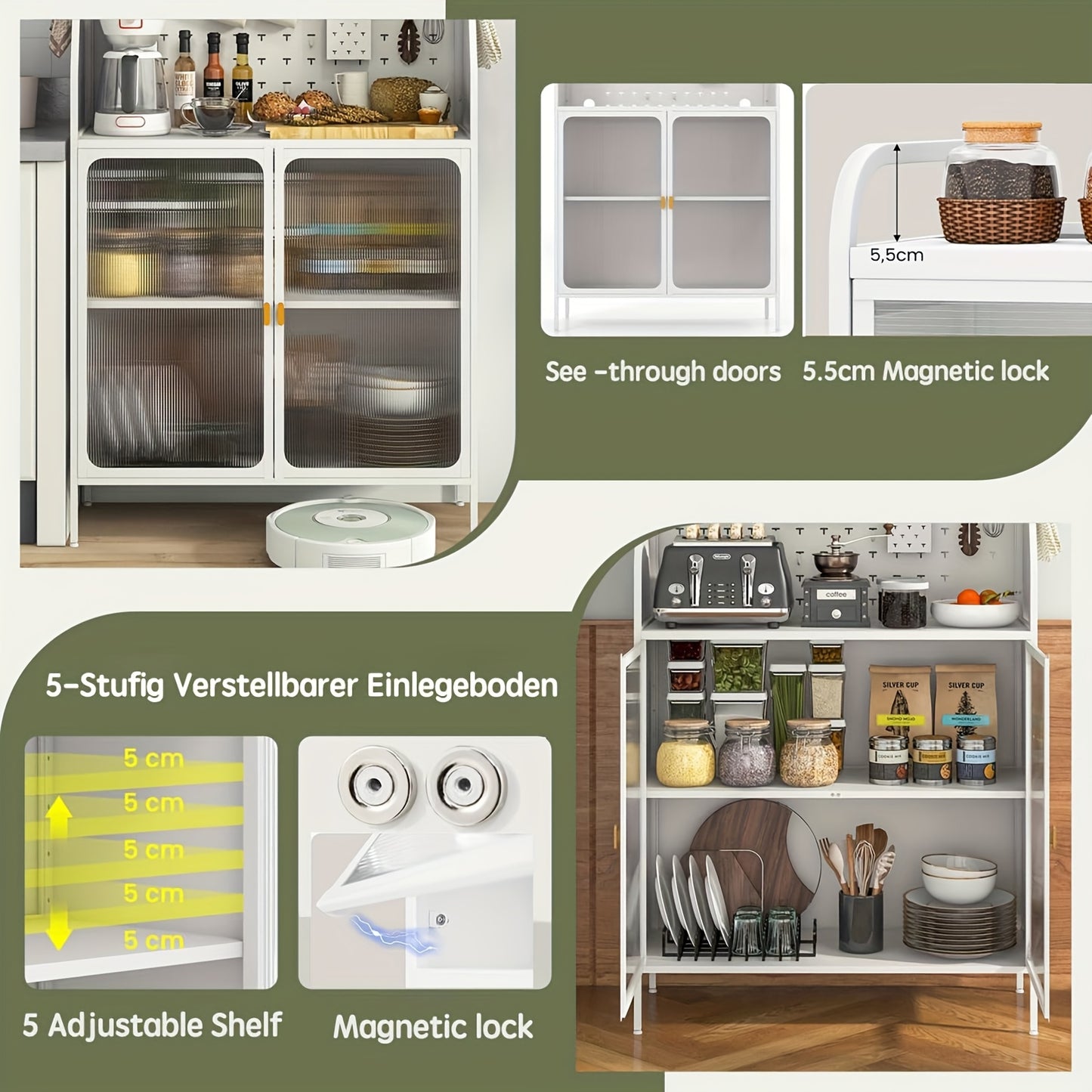 Keukenkast – Buffetkast – Hoge Kast – Opbergkast – Keukenmeubel – Met Wieltjes – Verstelbare Planken – Metaal Wit 86 cm Hoog