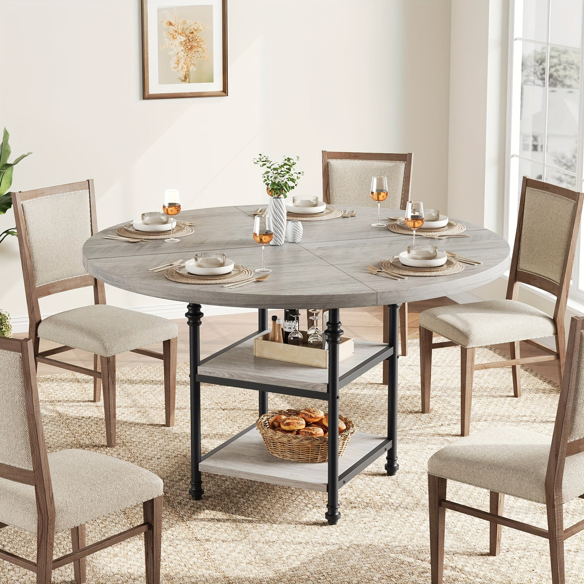 47-Inch Round Dining Table for 4 or 6 - Rustic Grey Wooden Kitchen Table with Storage Shelves & Roman Metal Legs, Contemporary Pedestal Design, No Assembly Required, Dining Room, Kitchen, Living Room Furniture, Dining Table, Kitchen Table