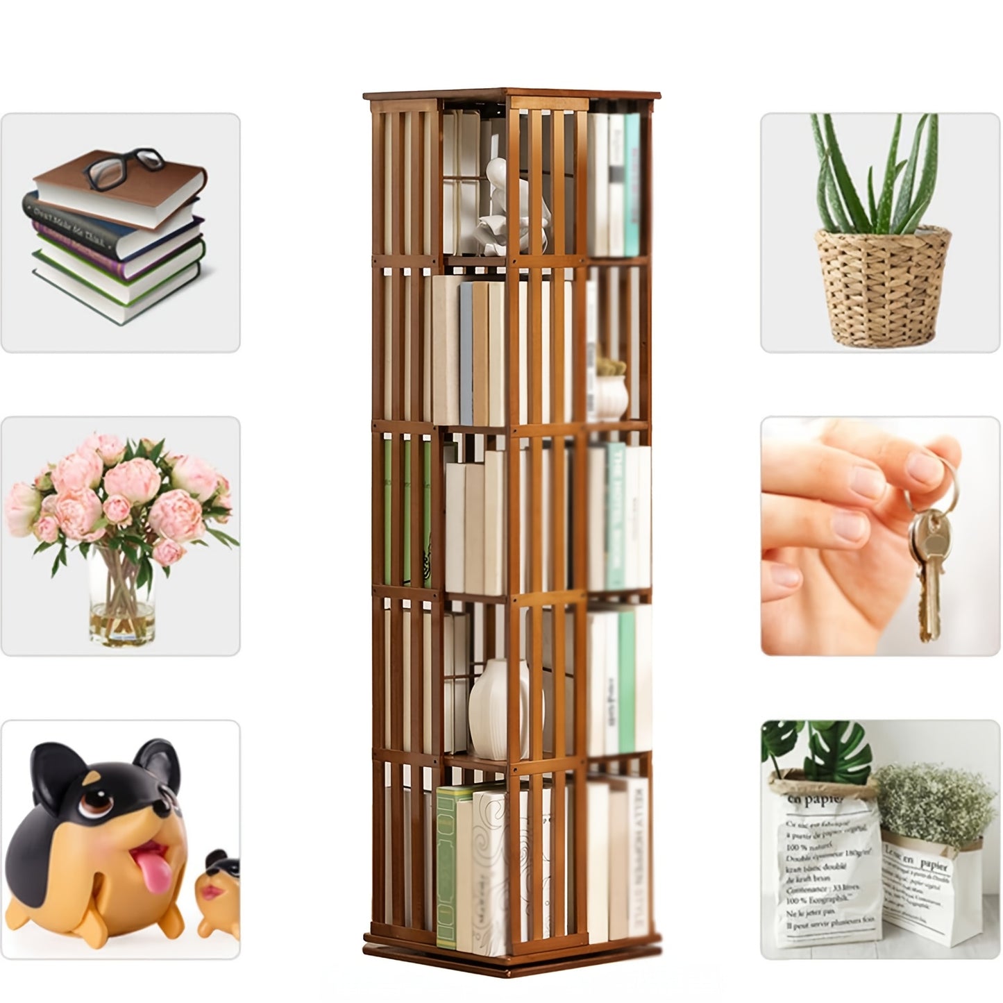 Draaibare Boekenplank – Boekenrek – Boekenhouder – Boekenkast – Opbergkast – 5 Lagen – 360° Draaibaar – Bamboe Materiaal - QUORE