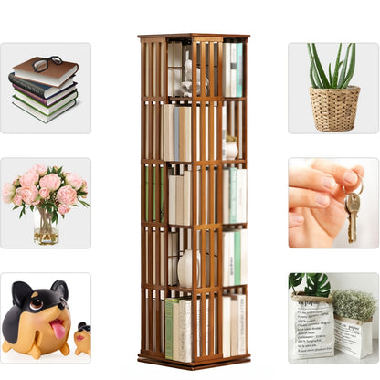 Draaibare Boekenplank – Boekenrek – Boekenhouder – Boekenkast – Opbergkast – 5 Lagen – 360° Draaibaar – Bamboe Materiaal - QUORE