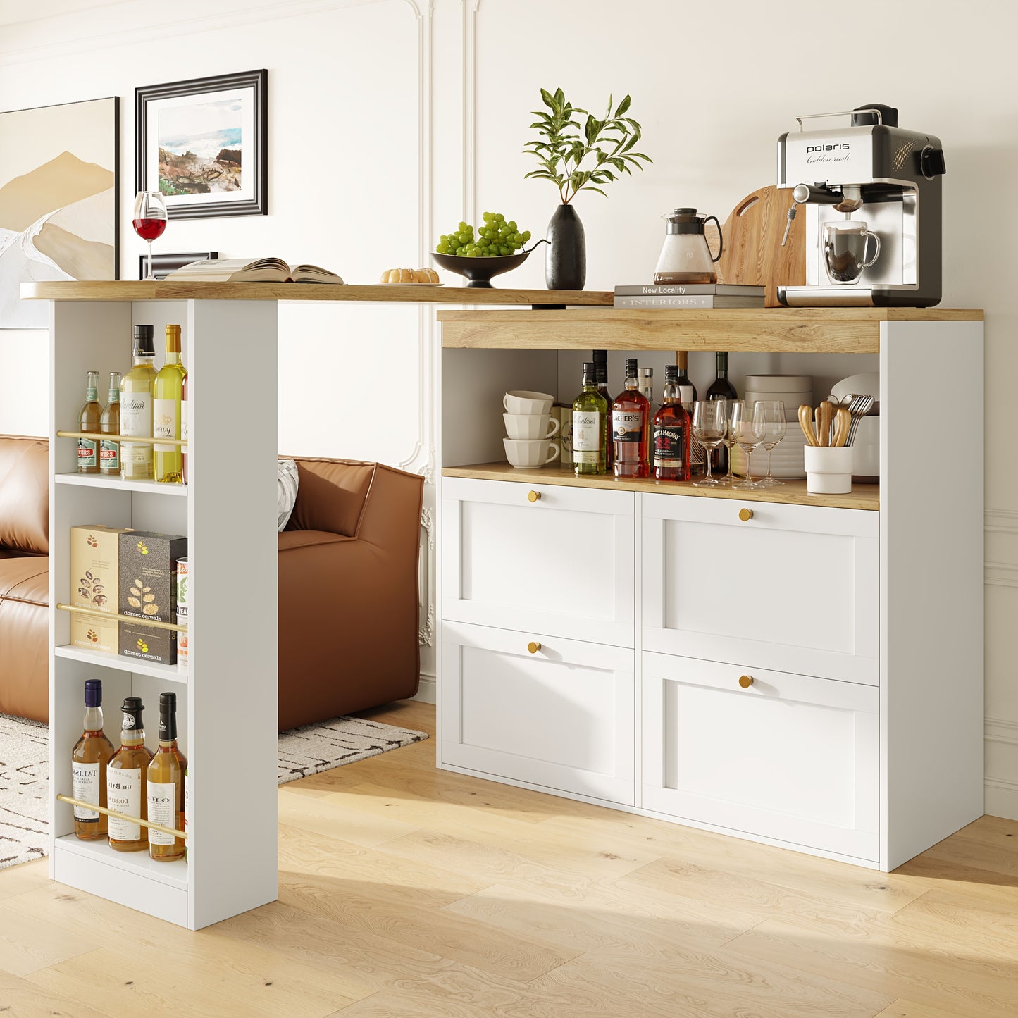 Barkast – Drankkast – Wijnkast – Buffetkast – Barkast Op Wieltjes – 360° Draaibaar – 4 Lades + Open Planken – Wit – 105x39x102 cm
