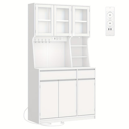 Keukenkast – Keukenbuffet – Keukenkastje – Opbergkast – Witte Keukenkast – Led-verlichting – Ingebouwde Stopcontacten – Verstelbare Planken – 100x40x180 cm – Hardhouten Constructie