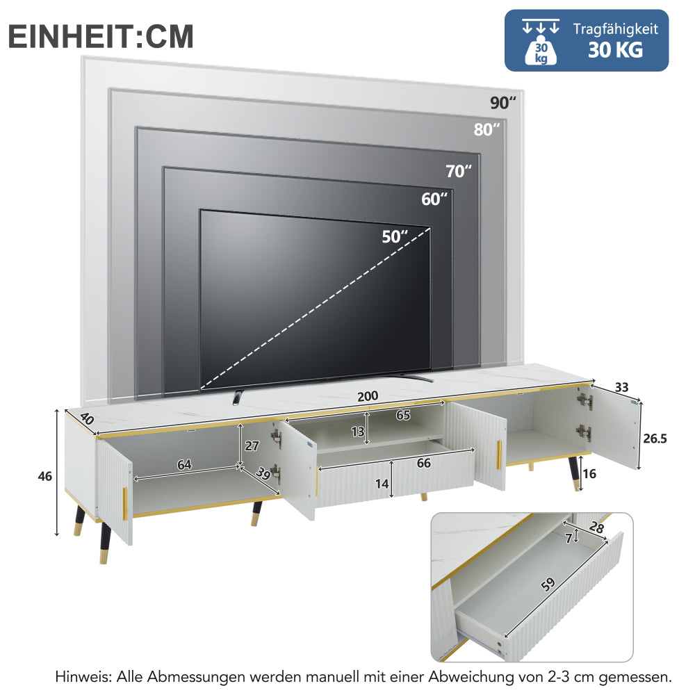 TV-Meubel – TV Meubel Kast – TV Dressoir – TV Bank – Lagere TV-Kast – Geschikt Voor Televisies Tot 90 Inch – Wit Paneel Zonder Hout – Eenvoudige Montage – 200x40x46 cm – Met Lade En Deuren