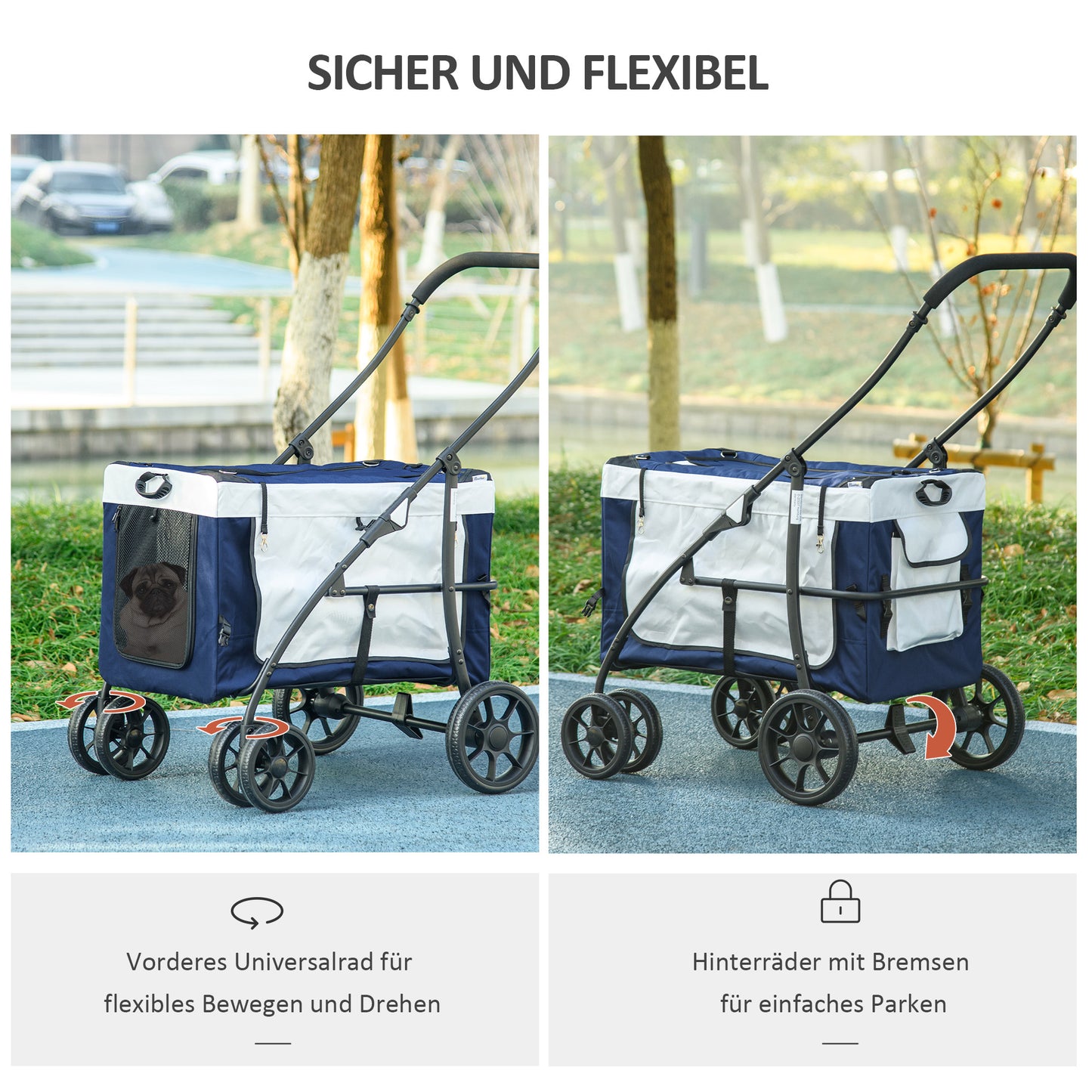 Dierenwagen – Hondenwagen – Huisdierenbuggy – Wandelwagen – Draagtas – Inklapbaar – Verstelbare Schouderband – Veiligheidsharnas – Geschikt voor Honden tot 10 kg – Stevige EVA-Wielen – Blauw