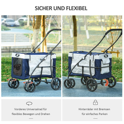 Dierenwagen – Hondenwagen – Huisdierenbuggy – Wandelwagen – Draagtas – Inklapbaar – Verstelbare Schouderband – Veiligheidsharnas – Geschikt voor Honden tot 10 kg – Stevige EVA-Wielen – Blauw