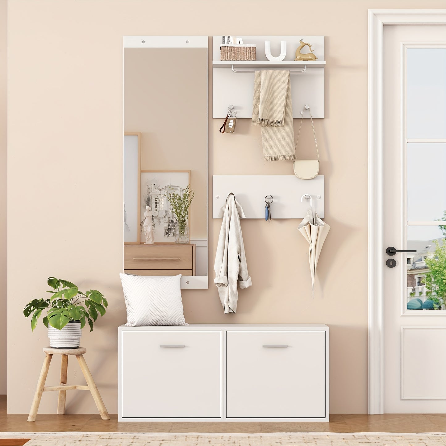 4pcs White Modern Classic Entryway Hallway Wardrobe Set with Mirror, 2 Hat Racks, Shoe Cabinet & 6 Coat Hooks - Space-Saving Compact Storage Cabinet with Doors, Easy Assembly, Floor-Standing Design for Small Spaces, Apartment