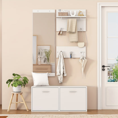 4pcs White Modern Classic Entryway Hallway Wardrobe Set with Mirror, 2 Hat Racks, Shoe Cabinet & 6 Coat Hooks - Space-Saving Compact Storage Cabinet with Doors, Easy Assembly, Floor-Standing Design for Small Spaces, Apartment