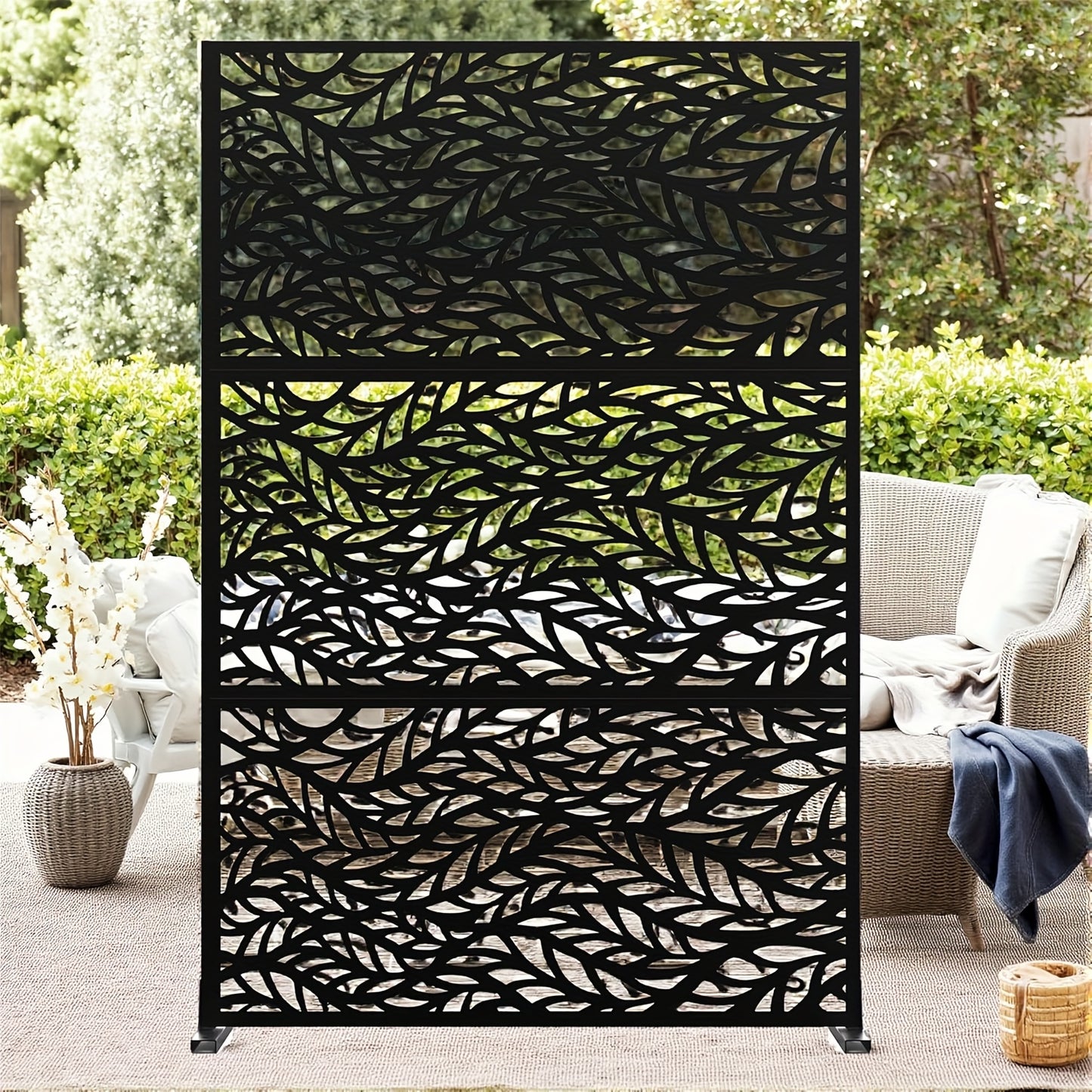 Metalen Privacywand – Tuinscherm – Balkonscherm – Afscheiding – Schermwand – Zwart bladmotief – 182,88x119,38 cm – Weerbestendig Gegalvaniseerd Staal – Eenvoudige Montage