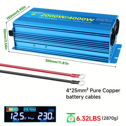 Pure Sine Wave Omvormer – Stroomomzetter – Car Inverter – 12V DC naar 220V AC – Mobiele Spanningsomvormer – 4000W Continu Vermogen – LCD Display