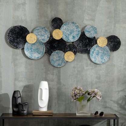 Wanddecoratie – Muurdecoratie – Wandkunst – Wandschilderij – Wandpaneel – 3D Cirkelmotief – Metaal – 121x53 cm – Blauw Zwart Goud