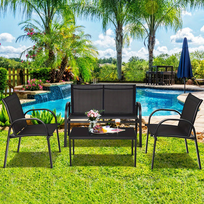 4-delige Loungeset Buiten – Tuinmeubelset – Patio Set – Balkonmeubilair – Outdoor Sofa Set – Duurzaam Metalen Frame – Ademend Zwart Textiel – Inclusief Glazen Salontafel 80 cm
