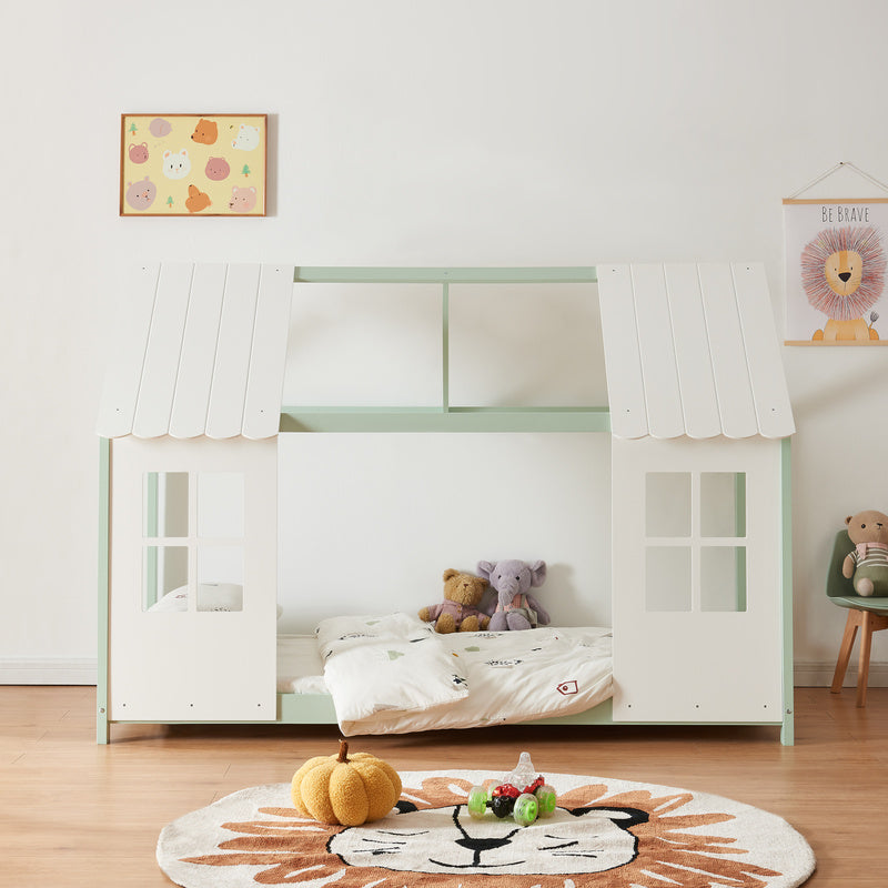 Kinderbed – Kinderbedden – Kinderbed met Huisje – Kinderbed Semi-Open – Kinderbed Massief Grenenhout – Mintgroen/Wit – 120x200 cm – Duurzaam Materiaal – Sfeervol Huis ontwerp