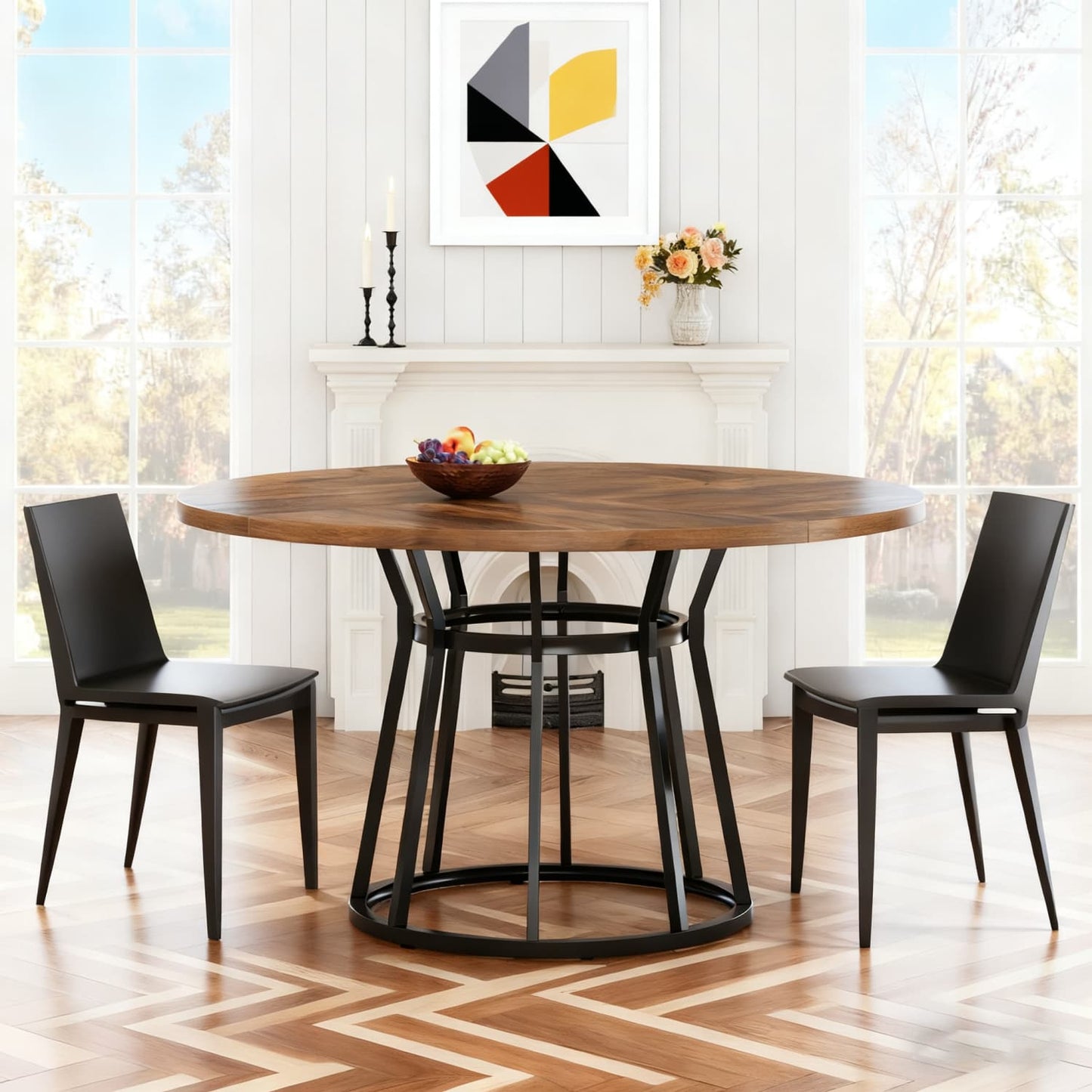 Eettafel – Ronde Tafel – Keukentafel – Dinertafel – Tafel – 120 cm Diameter – Krasbestendig Spaanplaat Blad – Stabiel Metalen Onderstel Bruin
